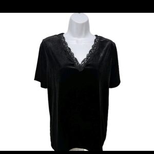 NWT Jaclyn Smith Velour Tee Velvet Black L Lace V neck Trim 80s 90s Y2K Whimsigo